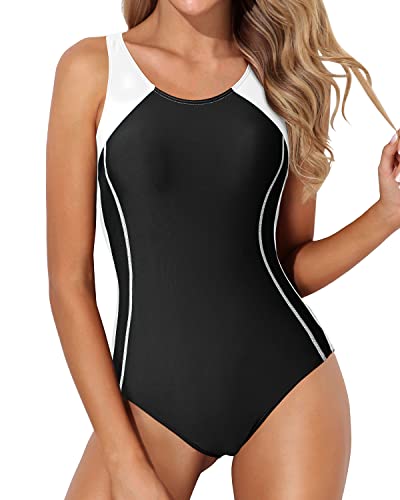 Keyhole Splicing Athletic One Piece Swimsuits-Black And White