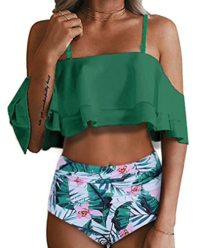 Removable Padded Push Up Two Piece High Waisted Bikini Set-Green Tropical Floral