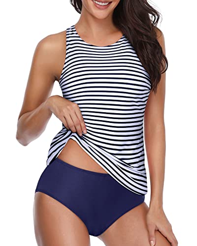 Halter Two Piece Tankini Swimsuits For Women-Blue White Stripe