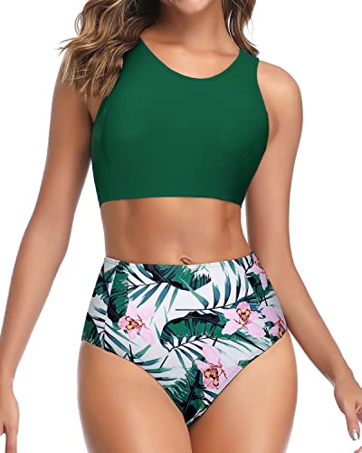 Two Piece Full Coverage Tummy Control Bikini Set-Green Tropical Floral