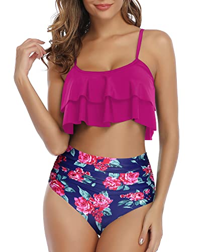 Trendy And Elegant Ruffle Bandeau Bikini Set High Waisted Bottom-Pink Floral