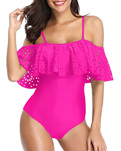 Women's Ruffle Flounce Hollow Bathing Suit Lace Detail Tummy Control Swimwear-Neon Pink