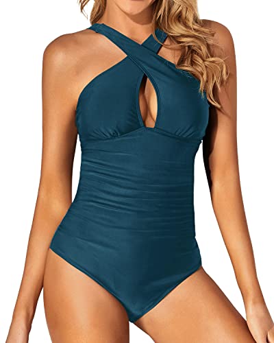 Slimming And Thinning One Piece Front Cross Keyhole Swimsuits-Teal