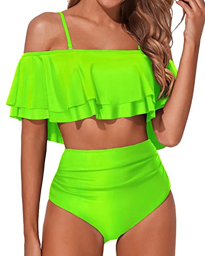 Stylish Off Shoulder High Waisted Bikini Set Swimsuit-Neon Green