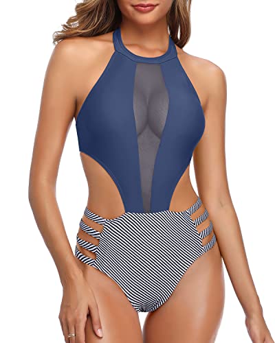 Hook Closure Center Back Sexy One Piece Bathing Suit For Women-Blue White Stripe