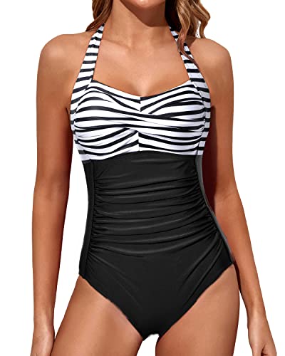 Adjustable Halter Neck Swimsuits Halter Vintage Swimwear-Black And White Stripe