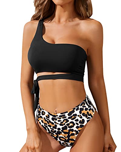 Slimming Two Piece One Shoulder Bikini Set Tummy Control-Black And Leopard