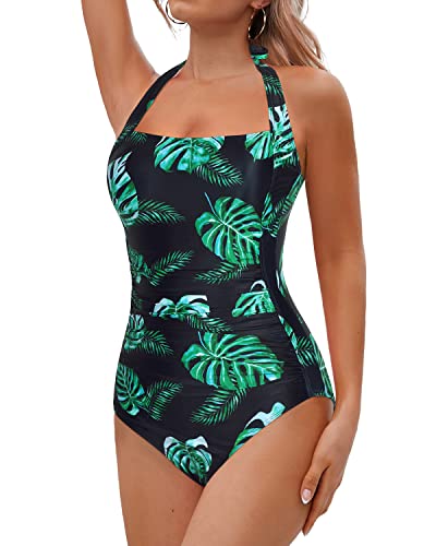 Retro Tummy Control Bathing Suits Tummy Control One Piece Swimsuits-Black And Green Leaf