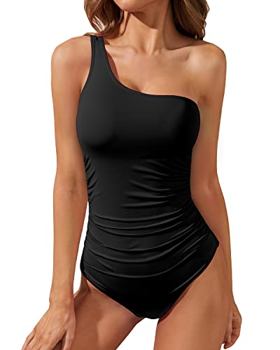 Tummy Control Shirred Asymmetric One Shoulder One Piece Swimsuits For Women-Black
