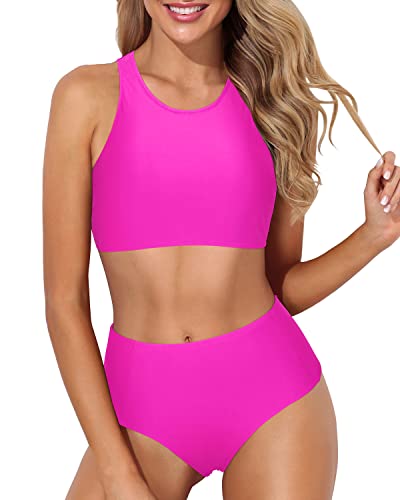 Neon pink, orange and yellow color block halter bikini, S - $11