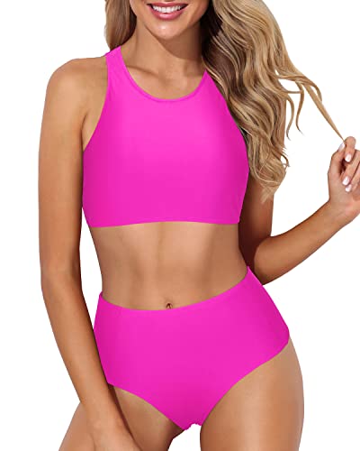 Two Piece Full Coverage Bottom Sporty High Waisted Bikini Set-Neon Pink