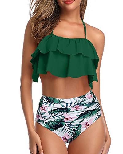 Feminine Tiered Ruffle Two Piece Swimsuit For Juniors And Teens-Green Tropical Floral