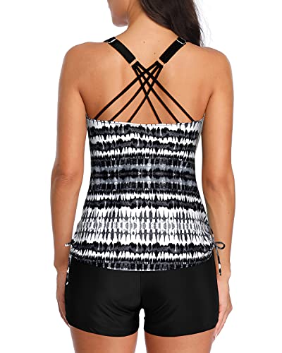 Tummy Control 2 Piece Tankini Drawstring Tie Top-Black And White Triba ...