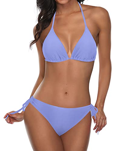 Sexy Triangle Women Two Piece Halter Bikini-Blue