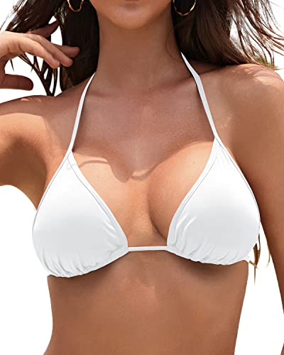 Deep V-Neck Big-Breasted Triangle Bikini Top String Bathing Suits Top-White