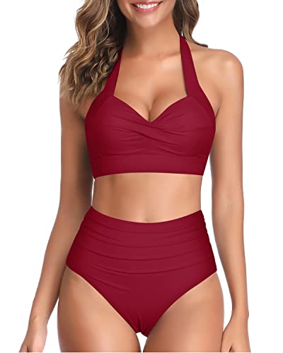 Two Piece Push Up Bra Adjustable Straps High Cut Bikini-Red
