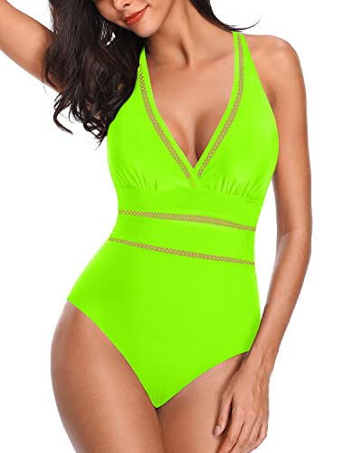 Plunge V Neck Mesh Hollow Out Sexy Halter One Piece Swimsuit-Neon Green