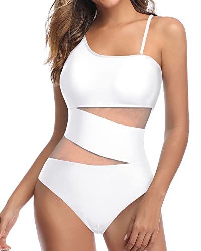Women One Shoulder One Piece Mesh Tummy Control Swimsuits-White