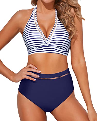 Breathable Mesh V Neck High Waisted Bikini Sets For Women-Blue White Stripe