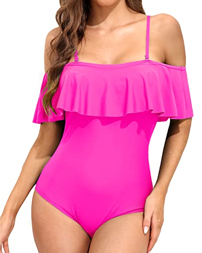 Off Shoulder Ruffled Retro Bathing Suit Flounce Printed One Piece Swimsuit-Neon Pink
