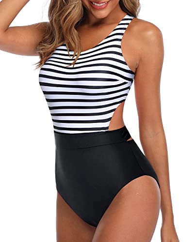 Tummy Slimming One Piece Tummy Control Cutout Swimsuits For Teen Girls-Black And White Stripe