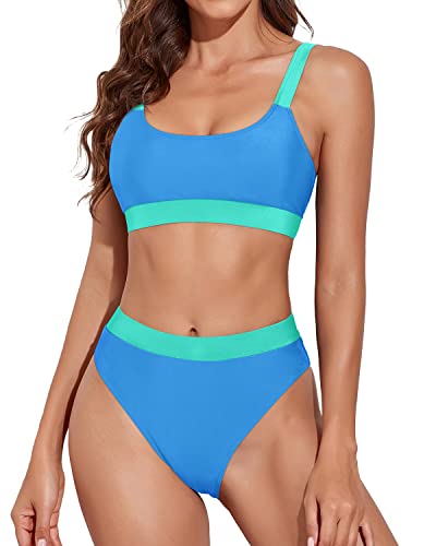Women Adjustable Shoulder Strap Swimsuits Sporty Scoop Neck Bikini-Light Blue And Light Green