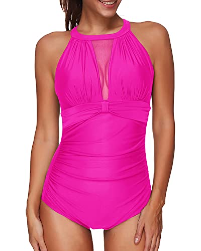 One Piece Mesh Ruched Monokini Swimsuit High Neck For Women-Neon Pink