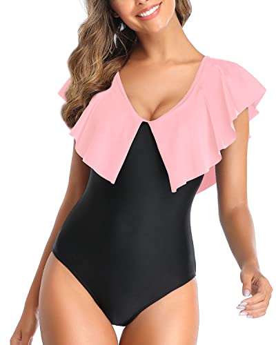 Flattering V Neck Ruffle Shoulders One Piece Swimsuit For Women-Pink And Black