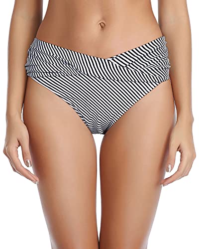 Ruched Bikini Bottom Cheeky High Cut Bathing Suit Bottoms-Black And White Stripe