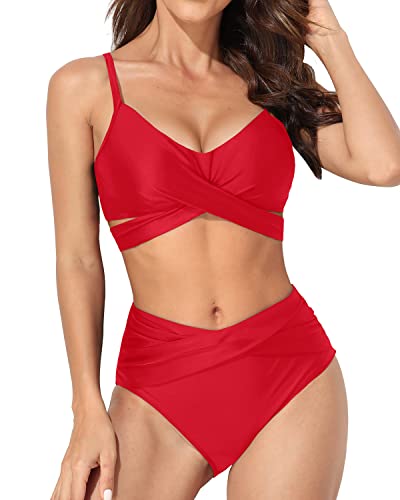 Tummy Control Twist Front Two Piece Bikini Swimsuits-Red