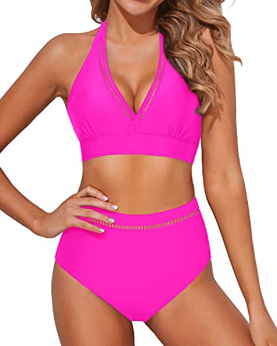 Stylish High Waisted Deep V Neck Two Piece Swimsuits For Summer-Neon Pink