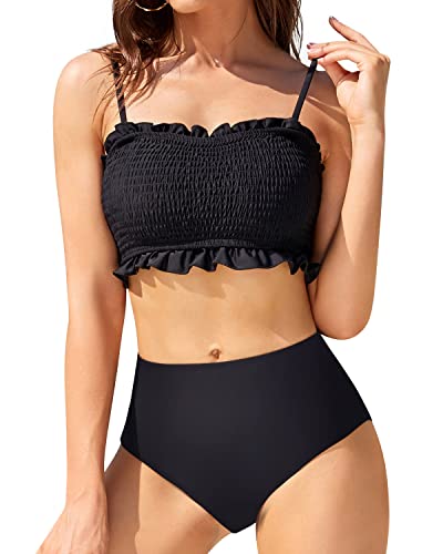 Ruffle Bandeau Bikini Set High Waisted Bottoms For Women-Black