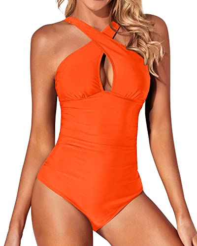 Tummy Control Backless One Piece Front Cross Keyhole Swimsuits-Neon Orange