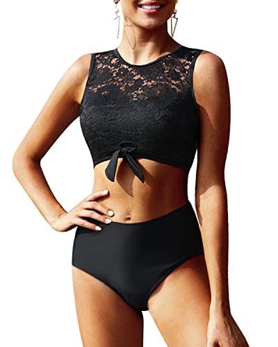 Sexy Lace High Waisted Women's 2 Piece Bikini Set Tummy Control Bottoms-Black
