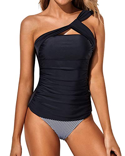 Flattering Two Piece Tankini Bathing Suits One Shoulder Swim Top And Shorts Swimsuits-Black Stripe