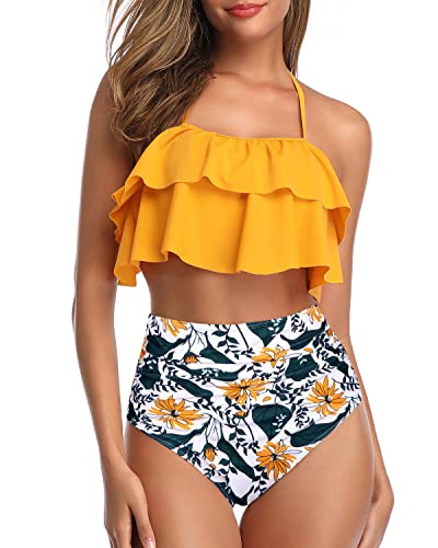 Two Piece Sexy Halter High Waisted Bikini For Teen Girls-Yellow Floral