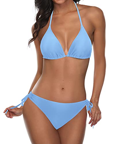 Tie Side Bottom Triangle Thong Bikini Swimsuit For Women-Light Blue