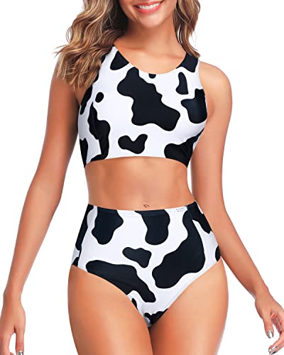 Sporty High Waisted Two Piece Swimsuit For Teen Girls-Cow Print