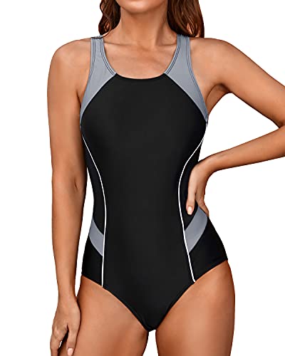 Slimming Bathing Suit Sports One Piece Swimsuit-Black And Grey