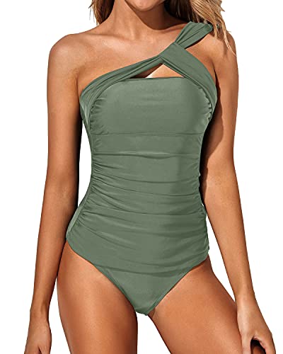 Sexy One Shoulder Swim Top Two Piece Tankini Bathing Suits For Women-Olive Green