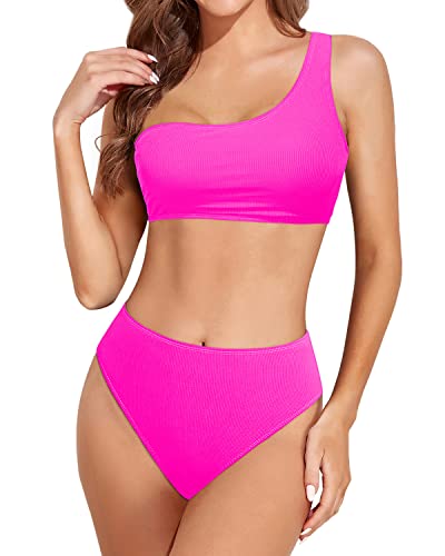 High Cut Two Piece Bikini One Shoulder For Women-Neon Pink
