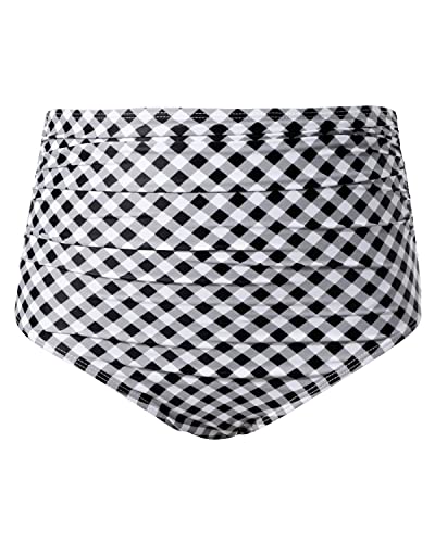 High Waisted Ruched Bikini Bottom Full Coverage Swim Bottom-Black White Plaid