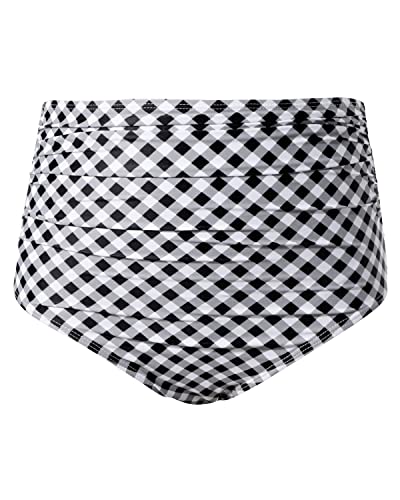 High Waisted Ruched Bikini Bottom Full Coverage Swim Bottom-Black  White Plaid