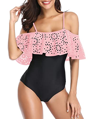 Strappy One Piece Swimsuit Push Up Bras Tummy Control Swimwear-Pink And Black