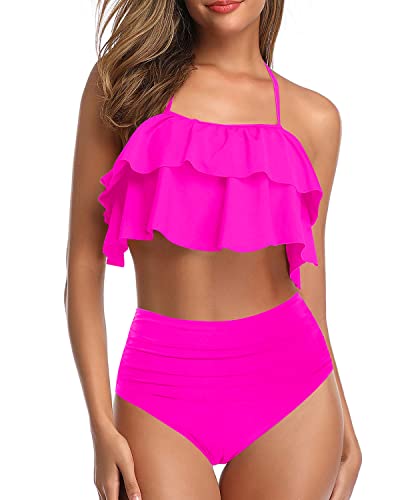 Two-Piece High Waisted Halter Bathing Suit-Neon Pink – Tempt Me