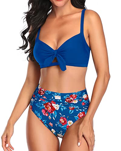 High Waisted Tummy Control Two Piece Bathing Suits For Women Bikini-Blue Floral