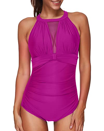 Elegant Tummy Control Mesh Plunge Neck One Piece Swimsuit For Women-Hot Pink