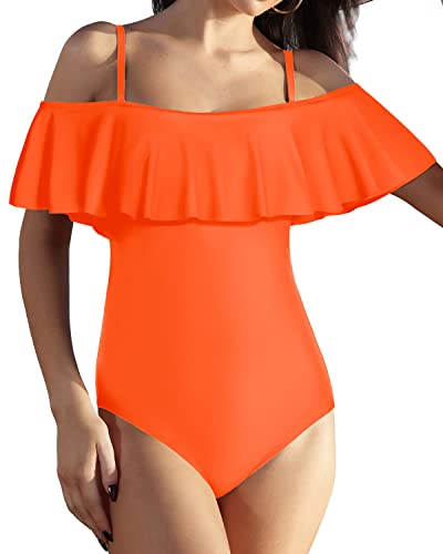 Women's Tummy Control Ruffled One Piece Swimsuit-Neon Orange