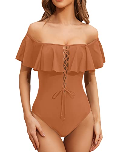 Slimming Longer Torso One Piece Lace Up Ruffled Swimsuit For Women-Brown