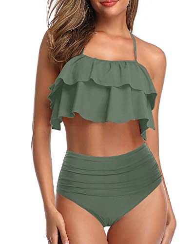 Vintage Backless Two Piece Swimsuit Padded Bra For Juniors-Olive Green